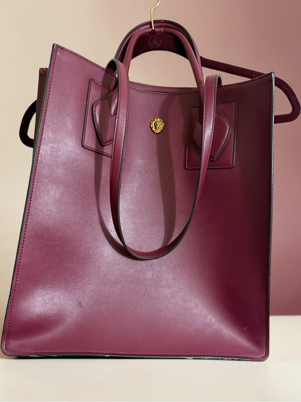 Anne Klein Burgundy Faux Leather Tote Bag with Gold Accent